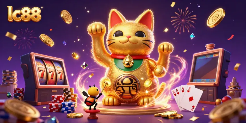 Experience the excitement of lc88 with a giant lucky cat and vibrant casino elements.