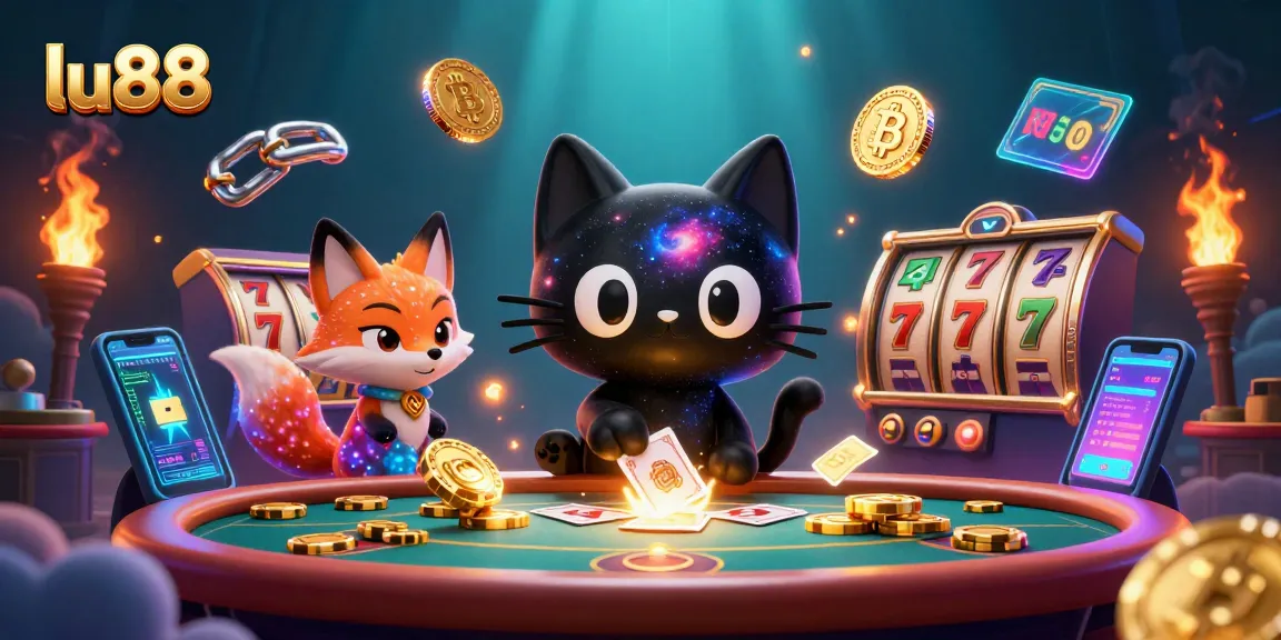 Experience thrilling wins at lu88 with cosmic cat and fox characters in a vibrant casino scene.