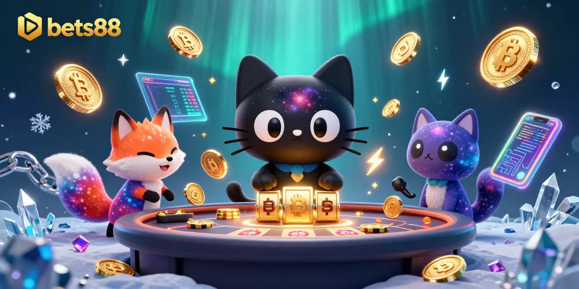 Experience thrilling gameplay at bets88, where a cosmic cat and fox bring the arcade to life with jackpots and neon coins.