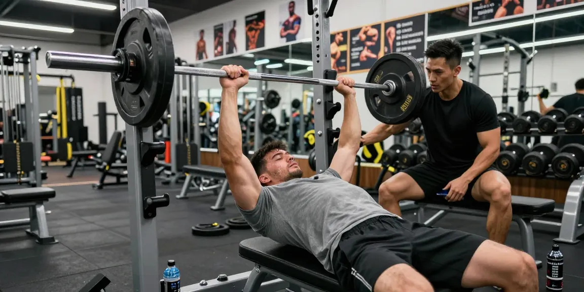 Muskelbepackter Mann hebt Gewichte im Fitnessstudio und präsentiert die Fitnessprodukte von Steroidshop für ernsthafte Bodybuilder.