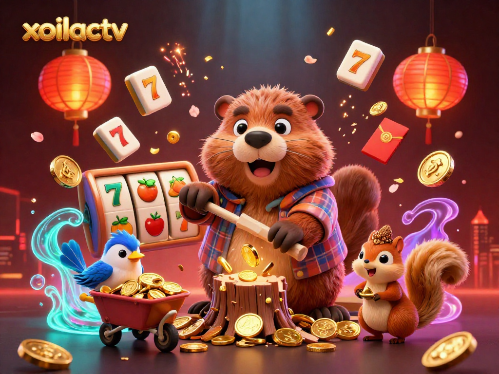 xoilactv showcases vibrant casino fun with 3D characters collecting gold coins in a dynamic gaming scene.