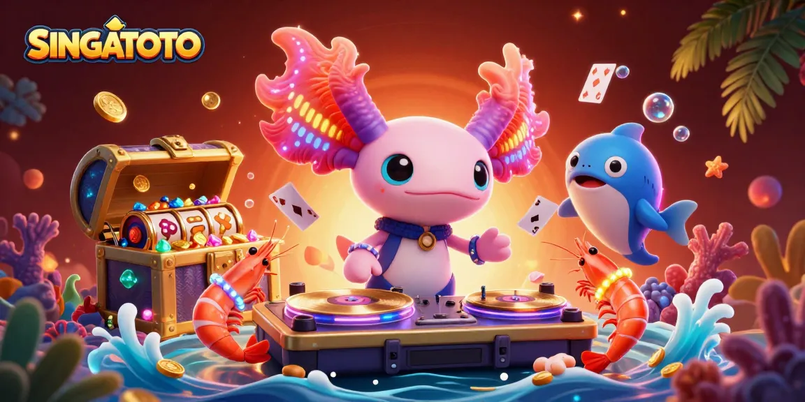 SINGATOTO menawarkan pengalaman kasino yang penuh warna dengan DJ axolotl neon dan elemen permainan slot di latar belakang.
