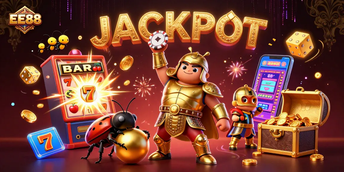EE88 showcases a dynamic casino scene with a victorious hercules beetle and exciting slot elements.