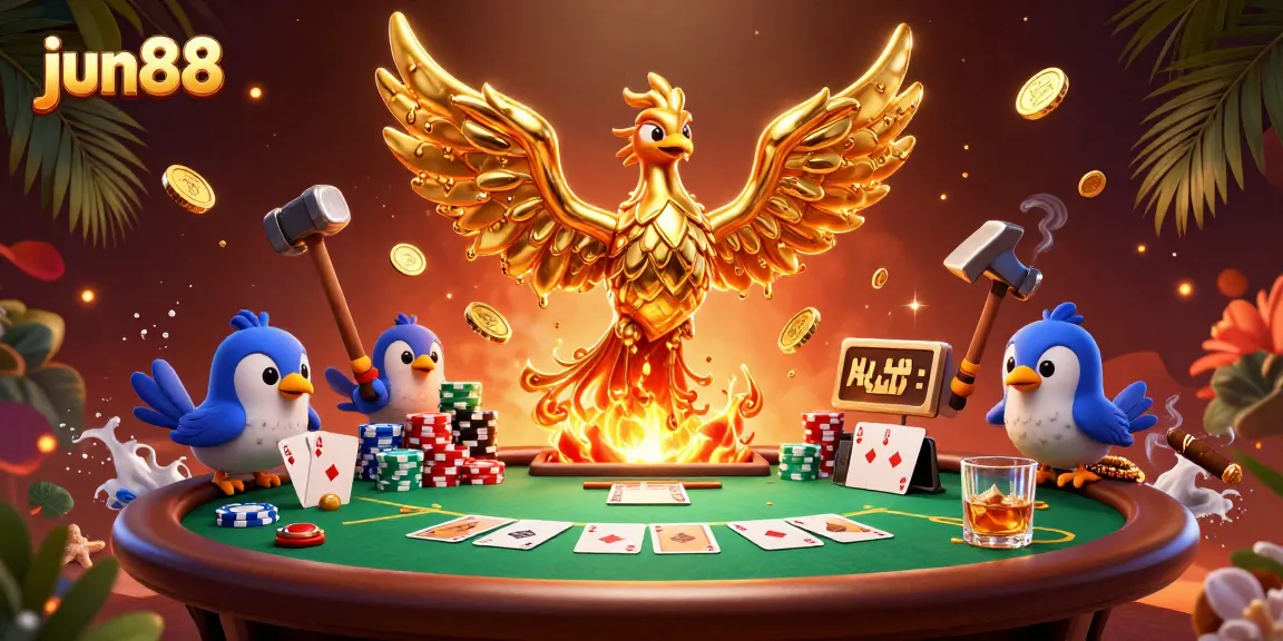 Experience thrilling poker action with jun88 as molten gold coins shower from a phoenix, enhancing your gaming journey.