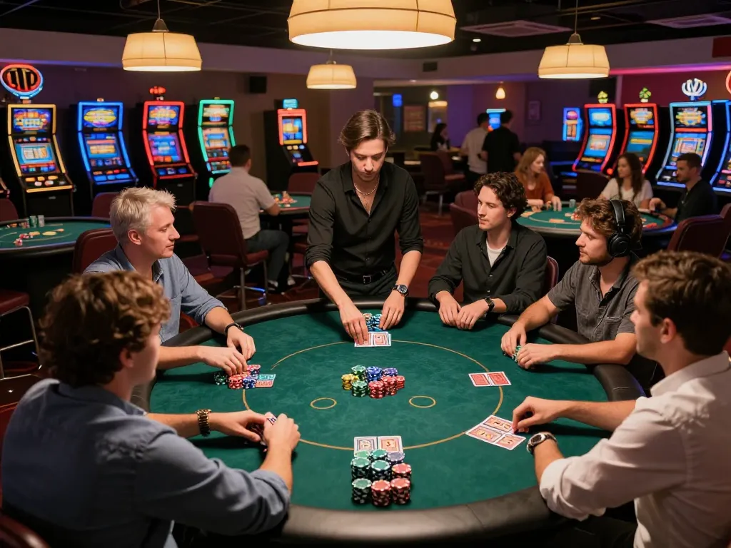 Players enjoying competitive poker at OKFUN casino, engaging in a lively game with professional dealer.
