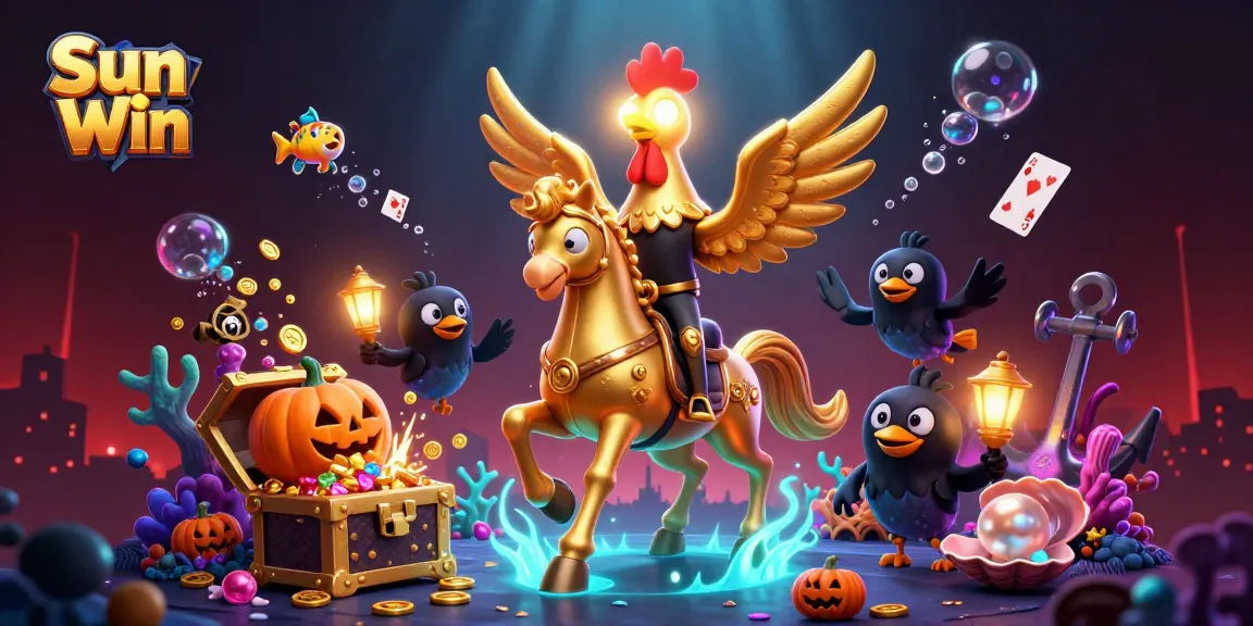 Experience winning thrills at Sun Win with a vibrant casino illustration featuring unique characters and elements.