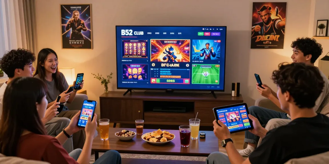 A group of friends enjoying gaming together on B52 Club, showcasing excitement and fun at https://b52club-game.jp.net/ during a cozy gathering.