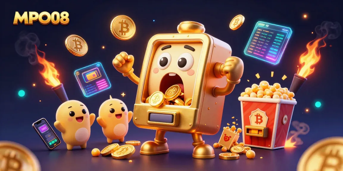 MPO08 slot machine celebrates a jackpot win surrounded by cryptocurrency symbols and vibrant elements.