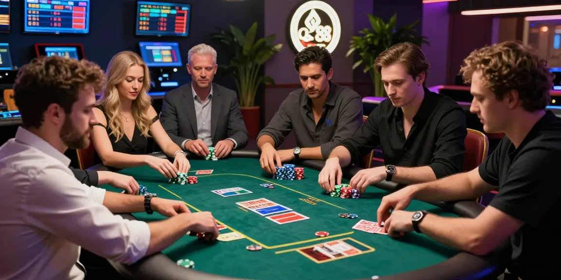 Diverse players at a QS88 casino table enjoying dynamic games, colorful chips and cards present.