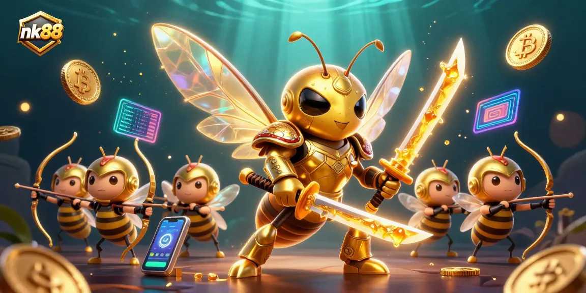 Join the thrill at nk88 with vibrant golden hornet samurai amidst shimmering crypto coins.