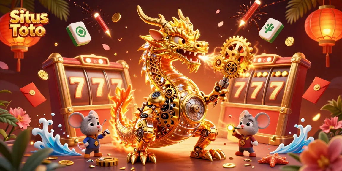 Engage with Situs Toto by exploring vibrant slot games featuring a golden dragon, spinning reels, and festive decorations.