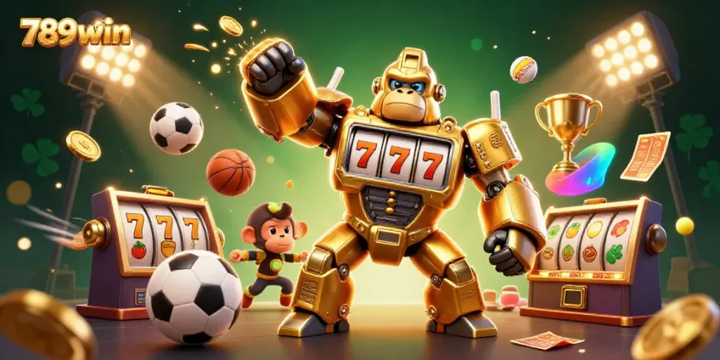 Engaging 3D illustration of a golden gorilla mech from 789win amidst gambling elements, showcasing excitement in a casino setting.
