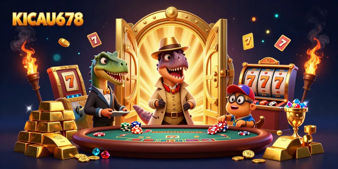 KICAU678 offers a playful scene with cartoon characters engaging at a blackjack table amidst treasure elements.