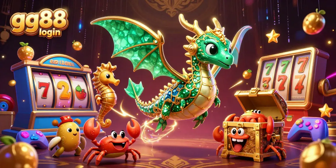 Engage in thrilling gameplay at gg88 login with 3D dragon, slot machines, and gold details.