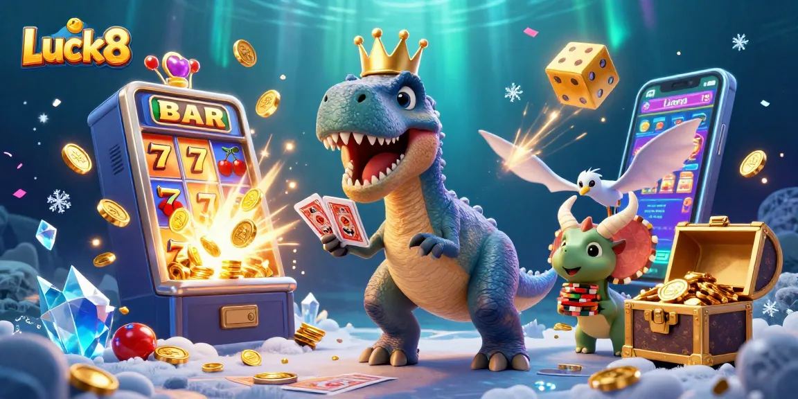 Experience the excitement at Luck8 with a vibrant casino scene featuring fun dinosaurs and jackpot elements.