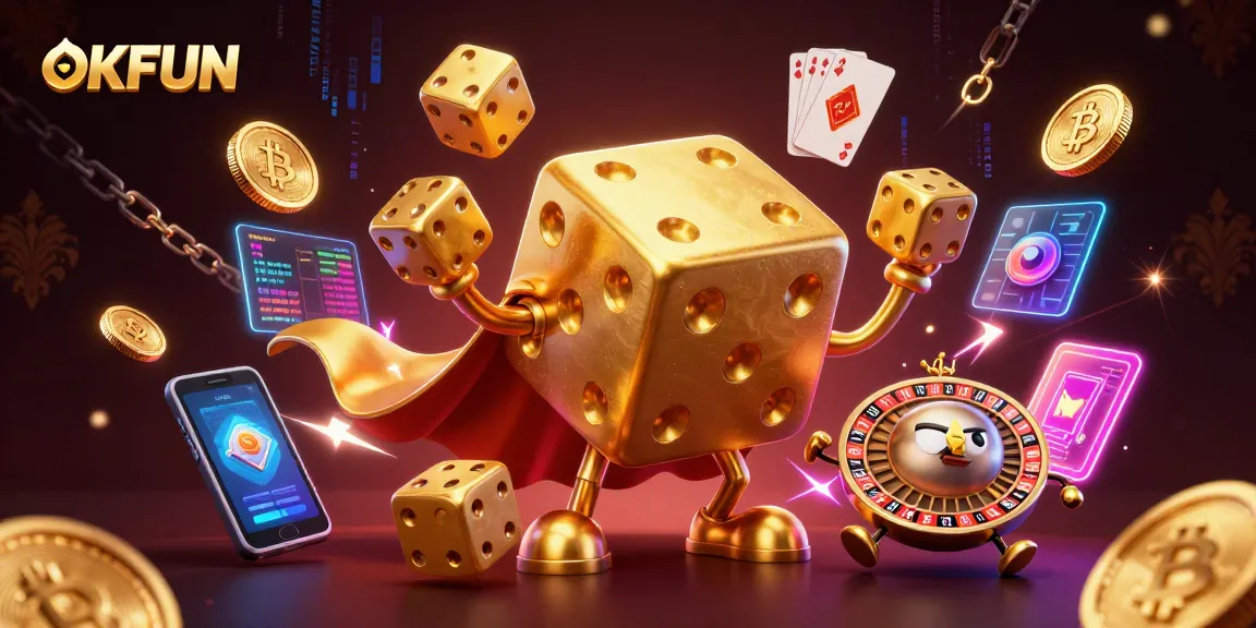 Engage with OKFUN's thrilling slot games featuring golden dice and vibrant crypto elements.
