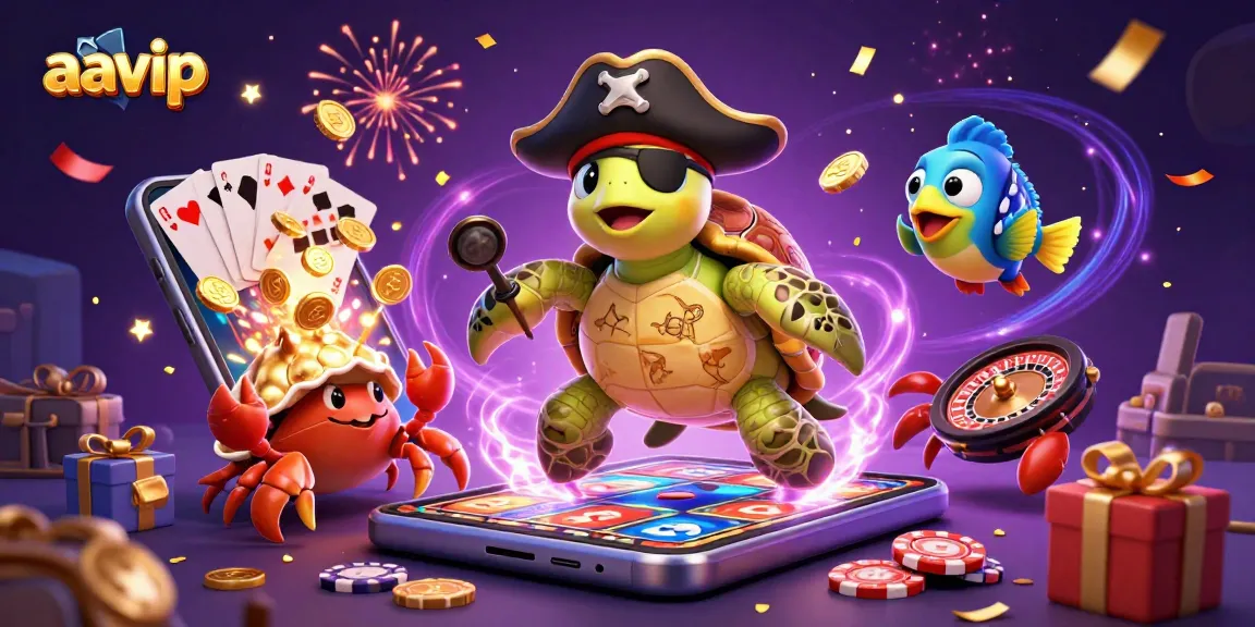 AAVIP showcases a vibrant scene with a pirate turtle and friends celebrating casino wins amid dynamic games.