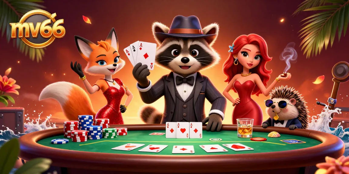 Experience the excitement of mv66 casino with a suave raccoon and friends at a vibrant poker table.