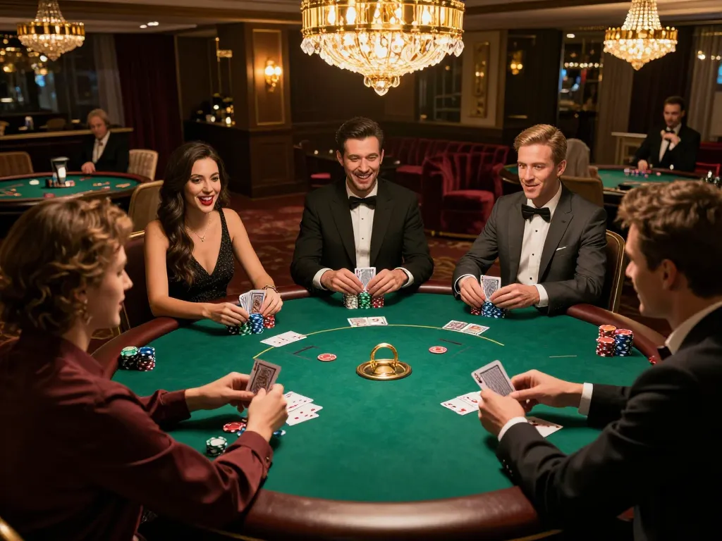 Players enjoying an exciting game of poker at a luxurious casino table, with lively interactions and strategic gameplay reflecting the mb 66 experience.