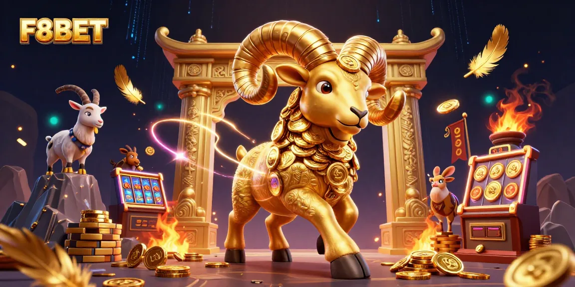 Experience thrilling moments at F8BET with a dynamic scene of majestic golden ram and gaming excitement.