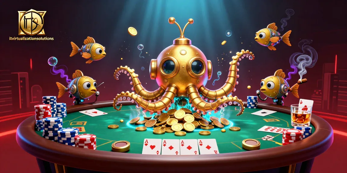 itvirtualizationsolutions showcases a dynamic casino scene with a golden kraken submarine and poker elements sparking excitement