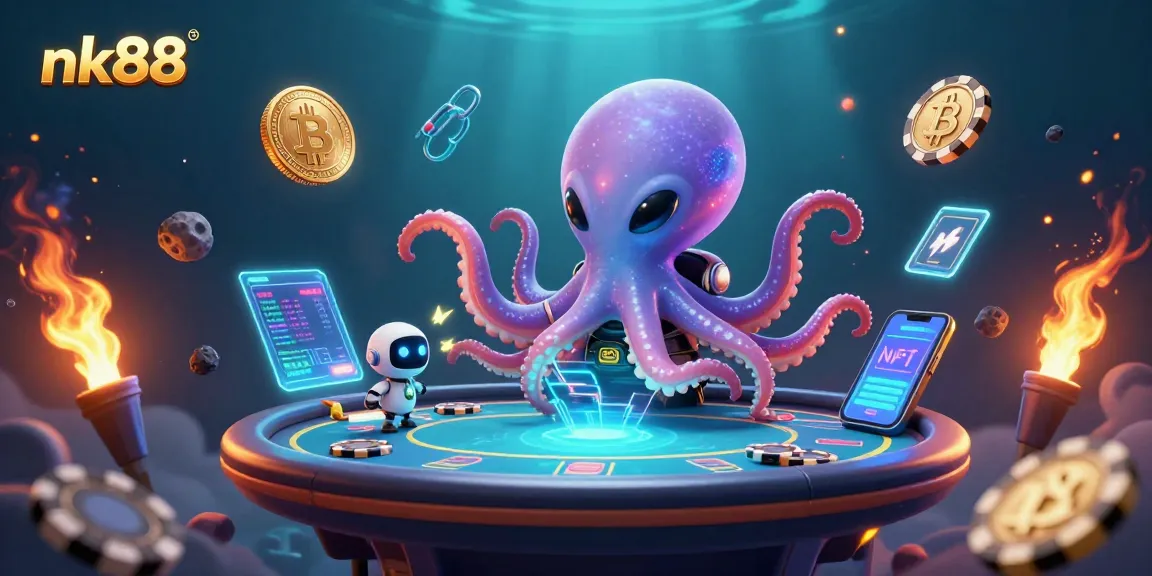 Experience thrilling casino action with nk88, featuring an alien octopus and a robot at a poker table.