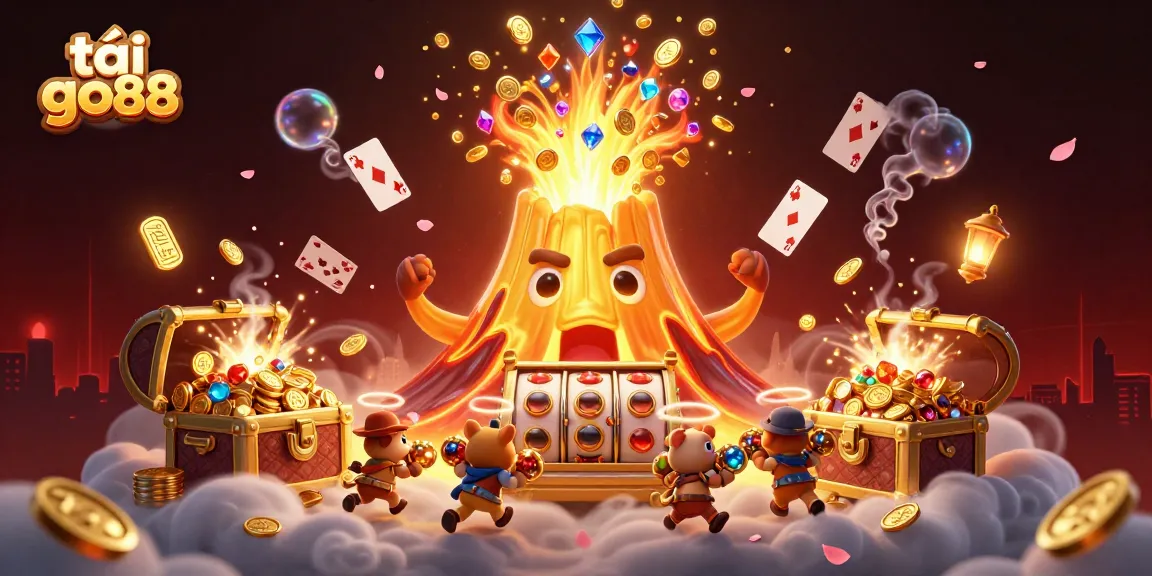 Win big with tải go88, featuring a vibrant 3D illustration of an erupting volcano, treasure, and casino game elements.