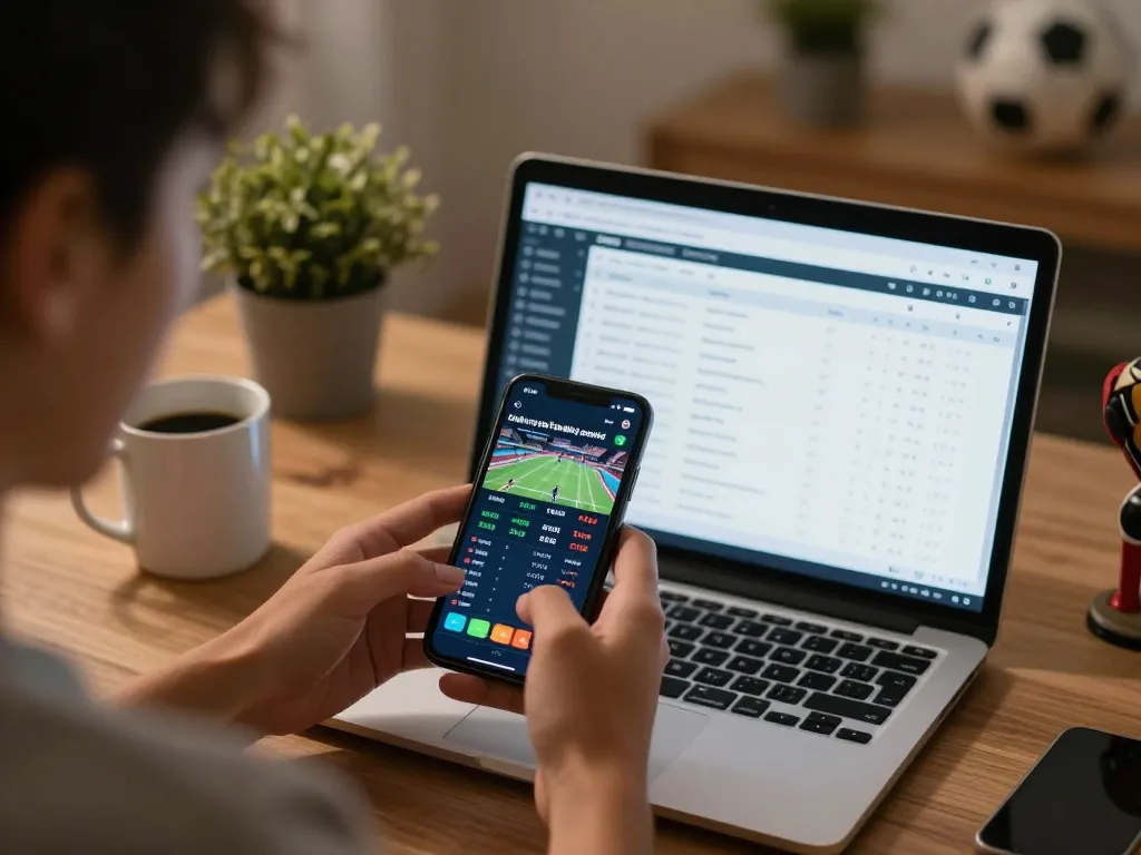Engaging in keonhacai sports betting with phone showing live odds and matches for responsible gambling.
