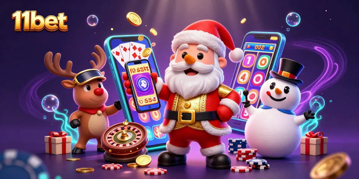 Experience thrilling jackpot slots with 11bet’s festive casino scene featuring playful characters.