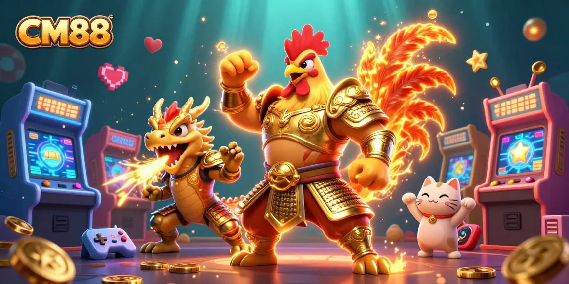 CM88 showcases a thrilling gaming scene with a rooster warrior and dragon hatchling in a vibrant casino atmosphere.