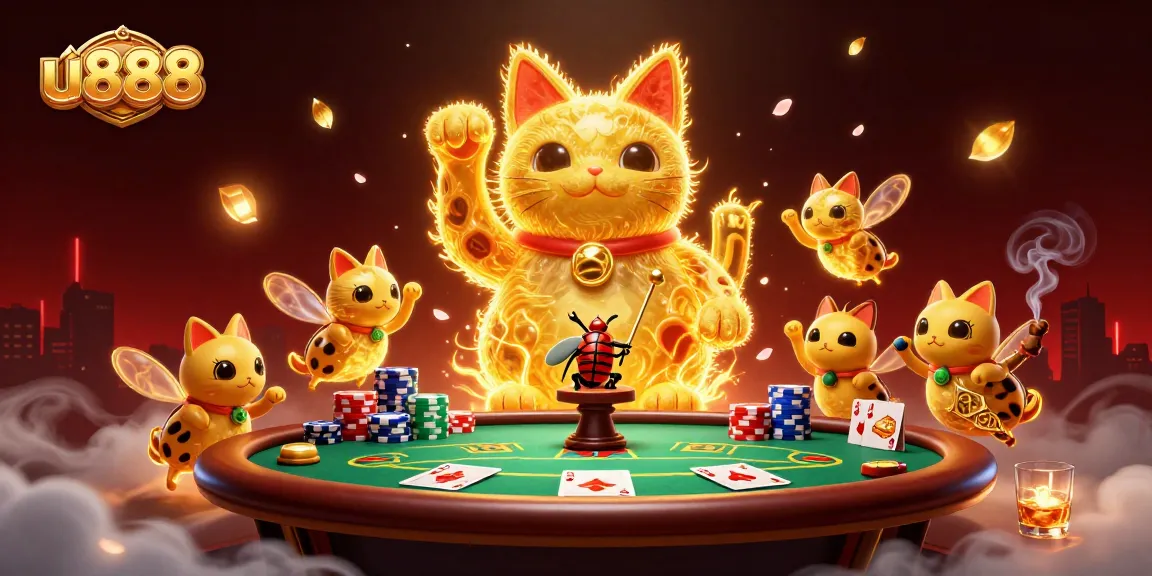 Experience excitement with u888 at the vibrant casino, featuring a dynamic lucky cat and poker elements.