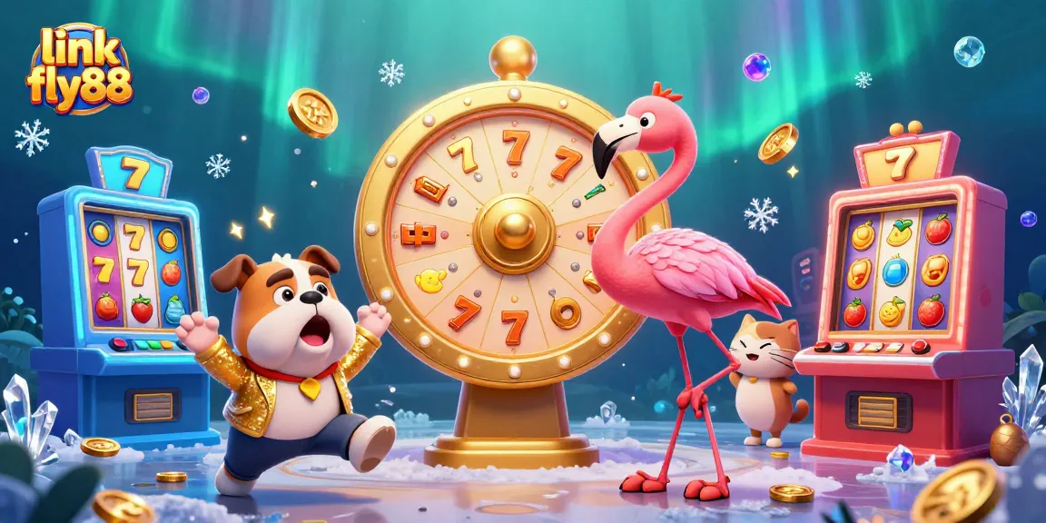 Spin the golden prize wheel at link fly88 with exciting characters in a lively casino atmosphere.