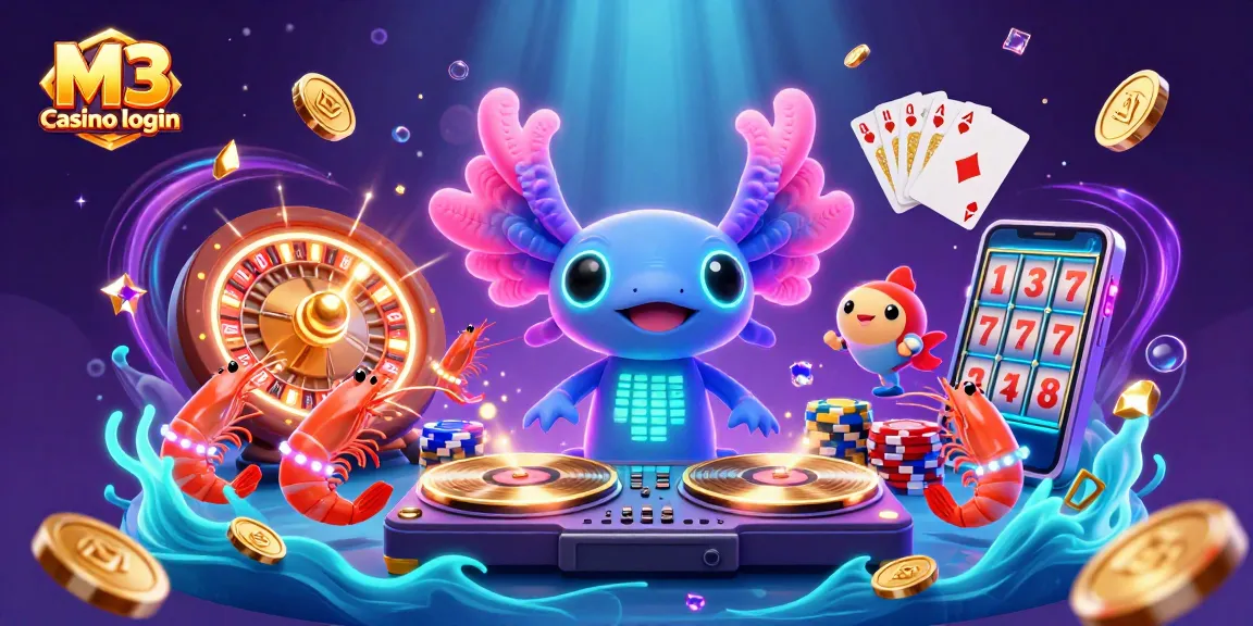 M3 casino login scene with neon axolotl DJ and vibrant underwater casino elements.