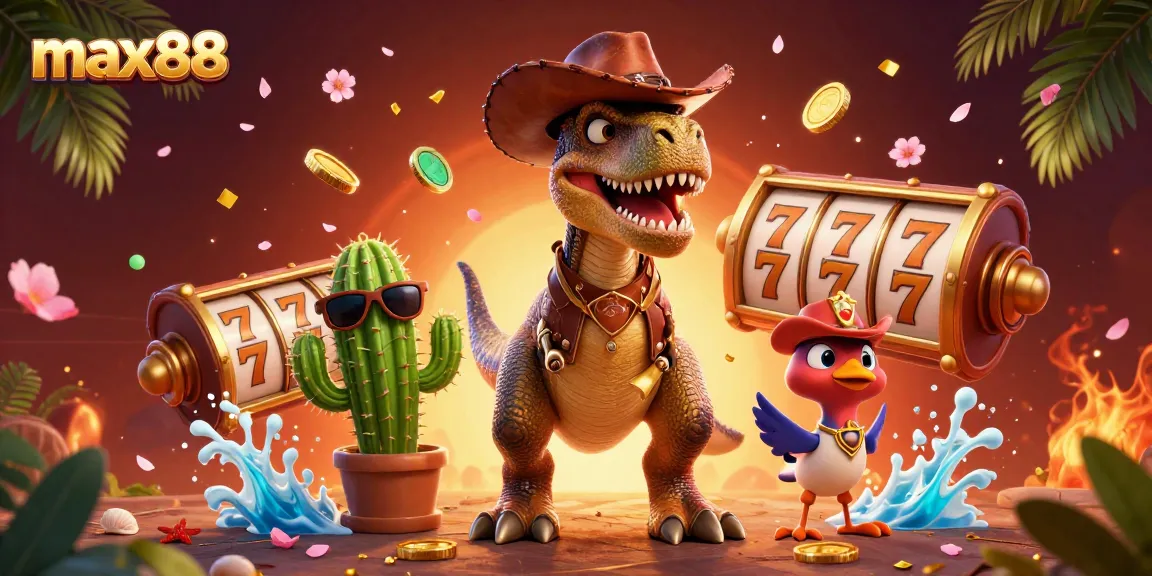 Max88 offers thrilling slot game adventures featuring a dinosaur and fun casino elements.