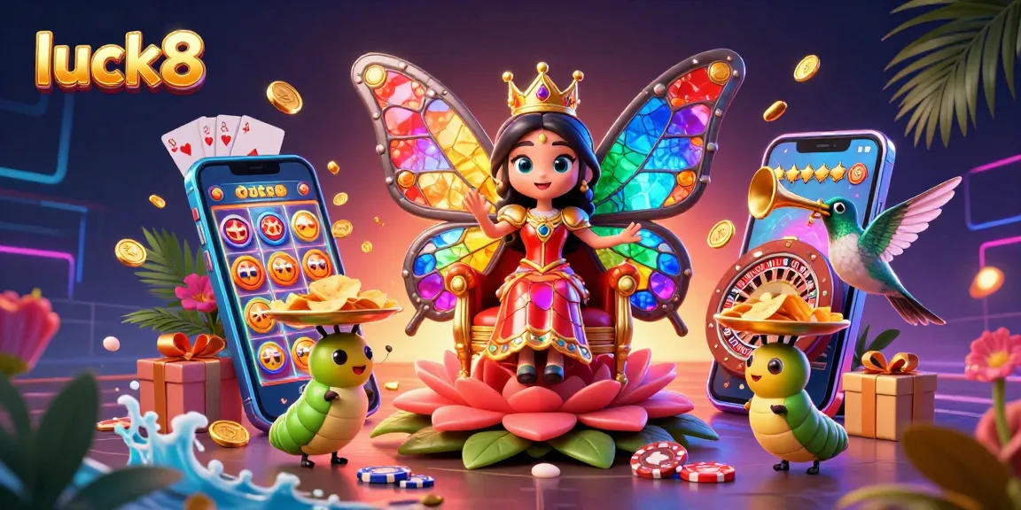 Experience thrilling gaming online with luck8 as the playful butterfly queen delights amidst vibrant casino elements.