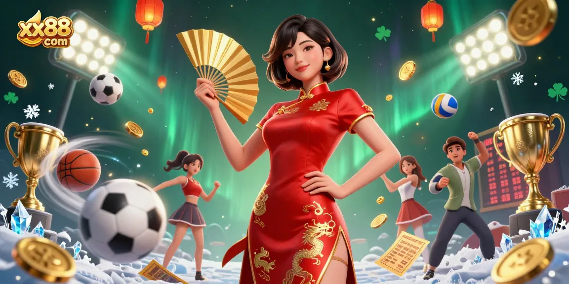 Experience thrilling wins at xx88 com with a beautiful Asian woman celebrating amidst sports and gambling elements.