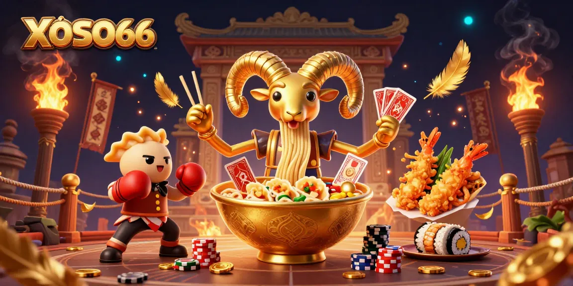 XOSO66's dynamic casino scene with a giant ramen bowl dealer and vibrant gaming elements