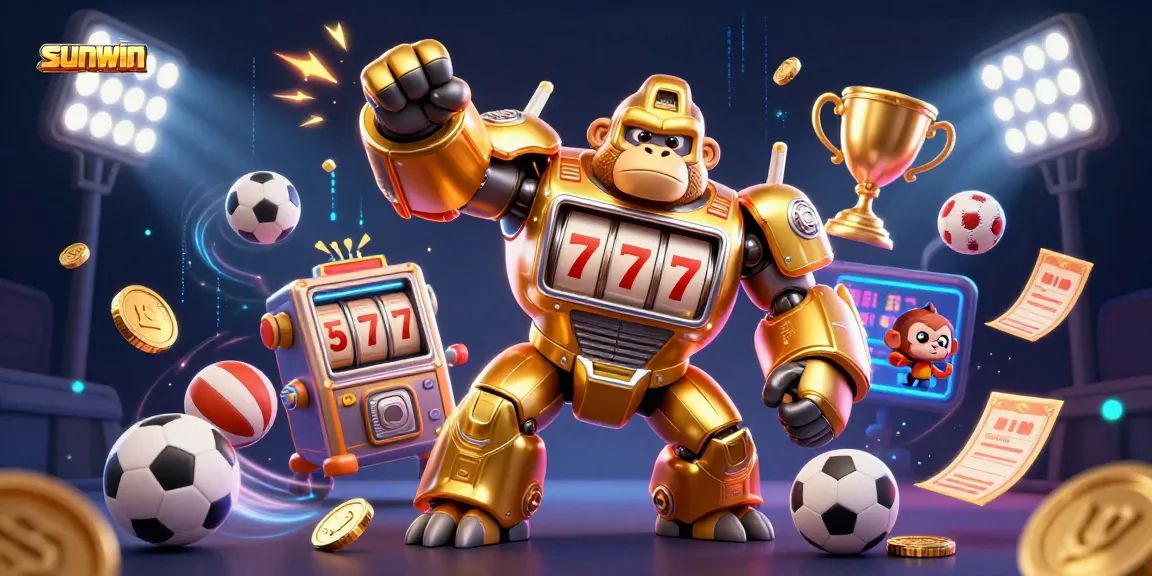 Enhance your wins with sunwin's vibrant 3D casino scene featuring dynamic game elements and an energetic golden gorilla mech.
