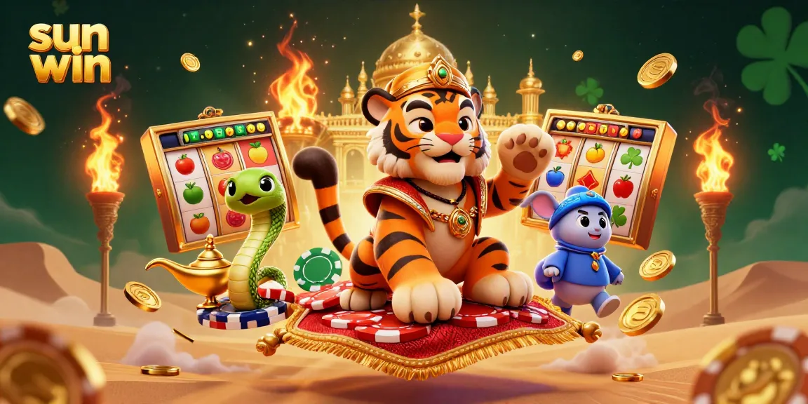 Engage with sun win slots in this vibrant 3D scene featuring a tiger sultan and jackpot reels.