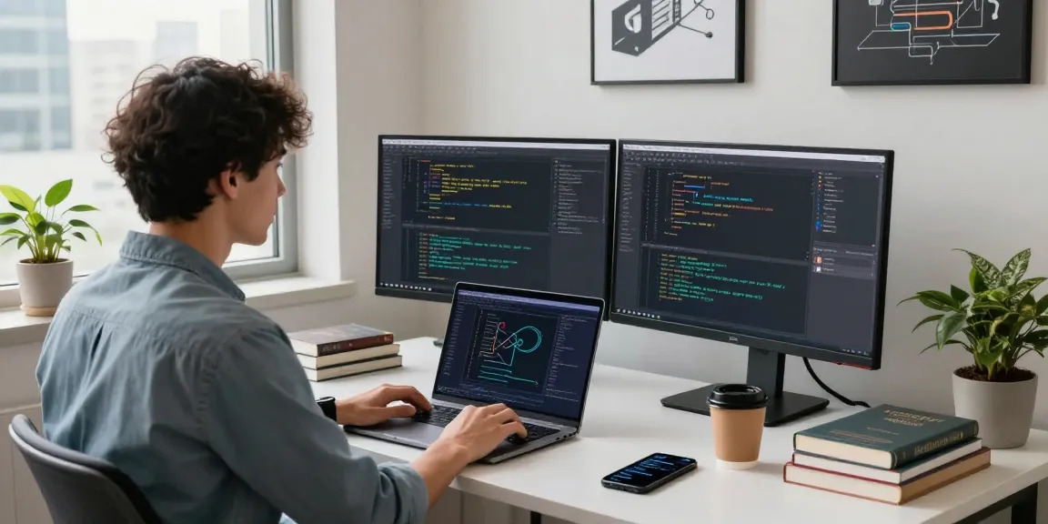快连 developer coding in a modern workspace with dual monitors and a laptop, showcasing a professional tech environment.