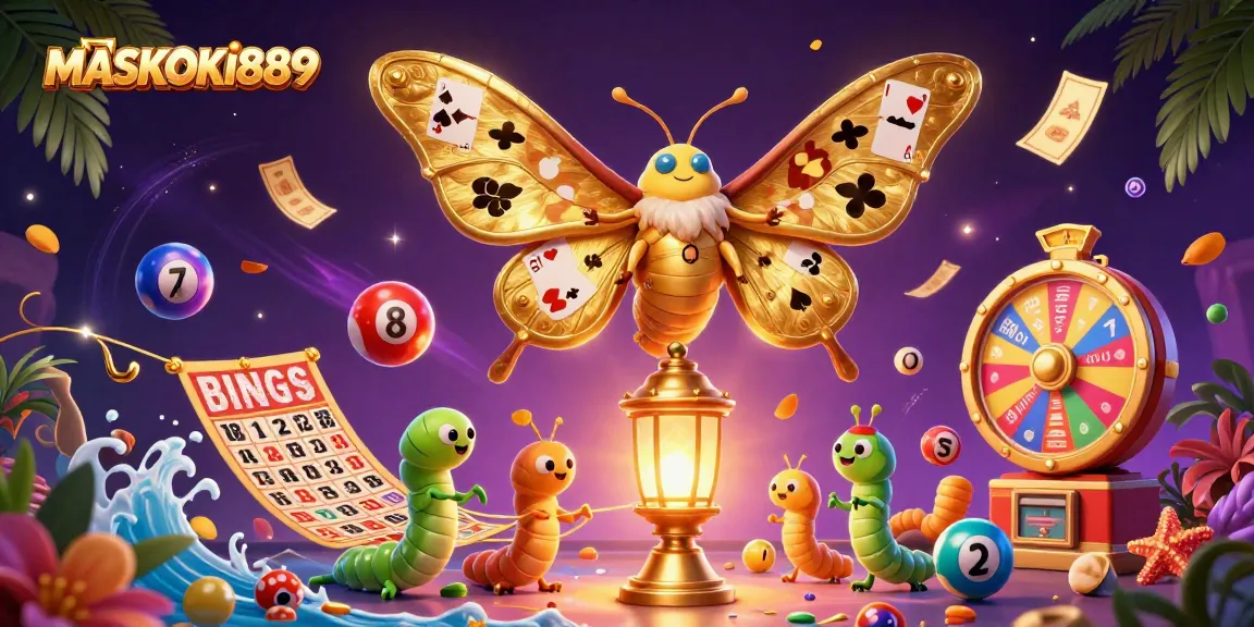 Experience thrilling wins with MASKOKI889 as colorful lottery balls bounce in a vibrant 3D casino scene.