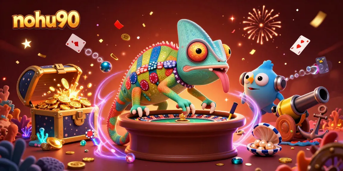 Nohu90 chameleon casino owner captures golden coins in vibrant underwater gambling scene.