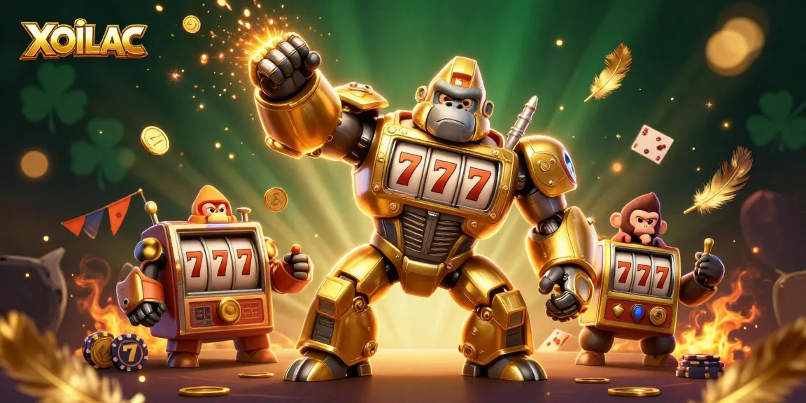 Engage with XOILAC's thrilling slot gaming featuring a golden gorilla mech amidst casino elements.