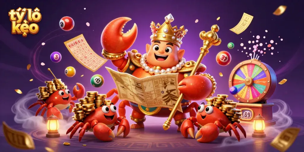 Experience the excitement of tỷ lệ kèo with a vibrant illustration featuring a golden crab emperor in a lively casino setting.