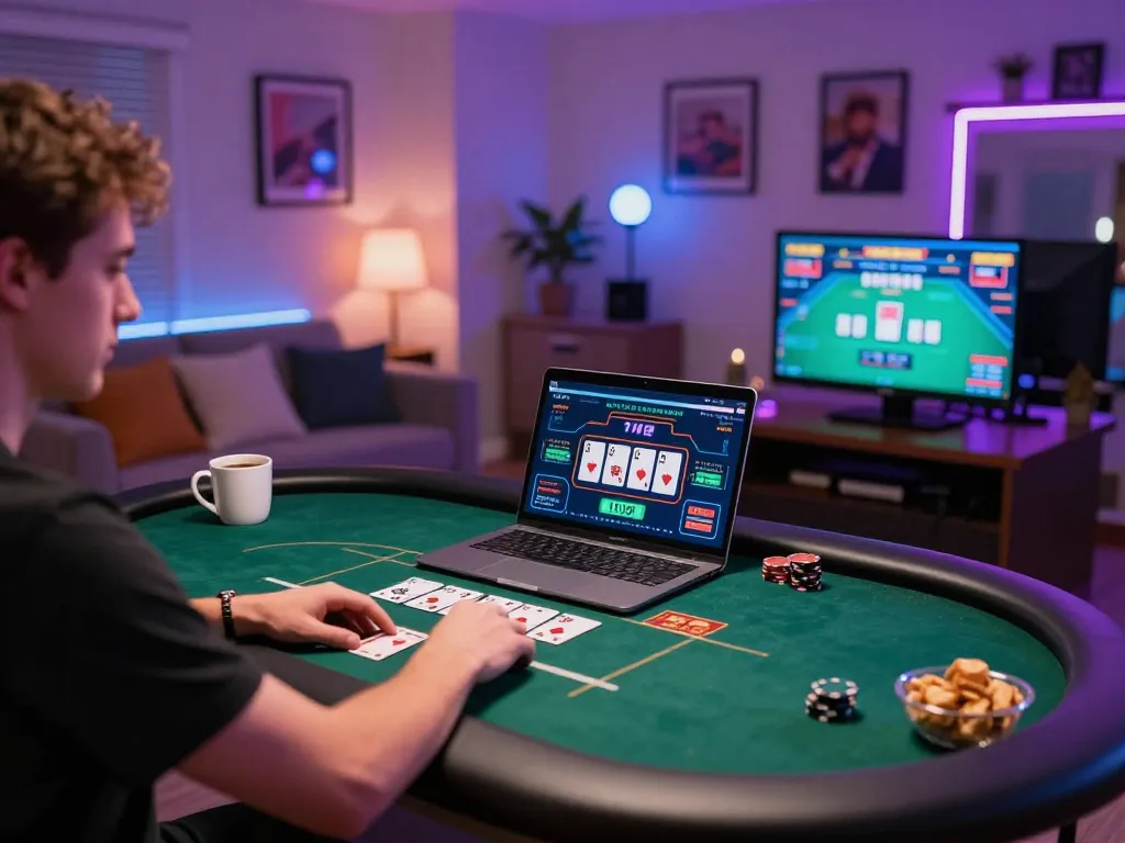 Nohu90 player enjoying a live dealer game on a laptop with vibrant poker table display