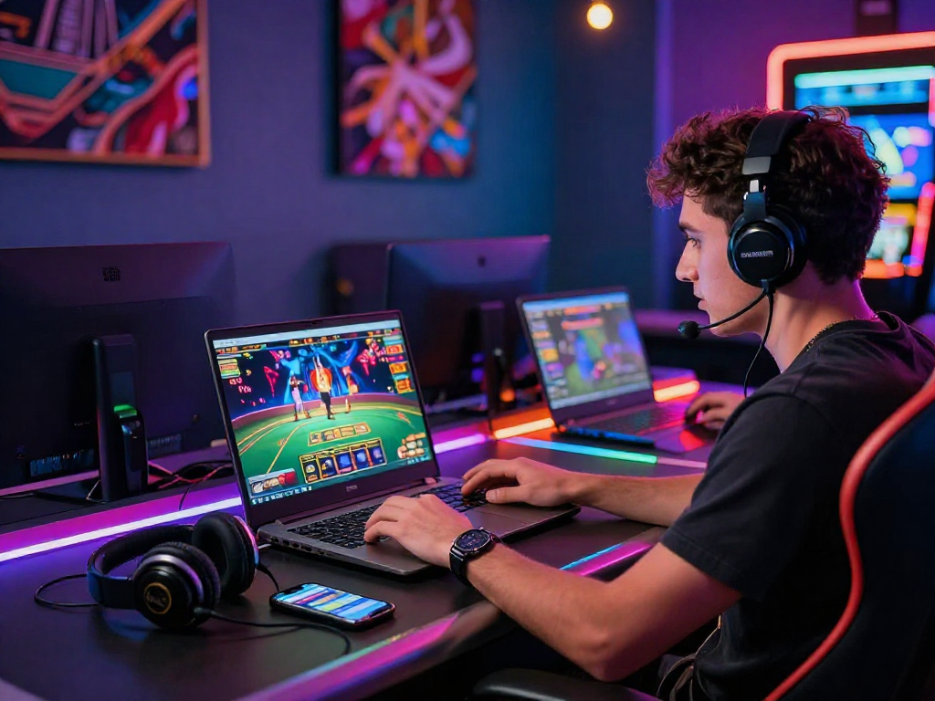 I migliori casino online in un'atmosfera vivace con un giocatore al computer immerso nel gioco.