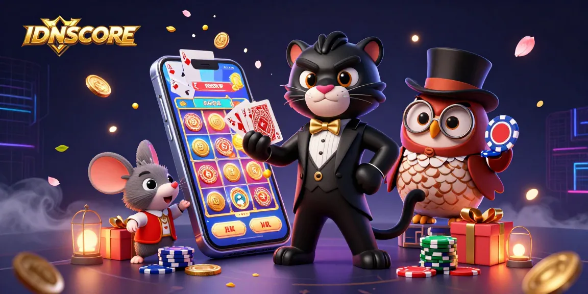IDNSCORE showcases a 3D black panther elegantly dealing cards with vibrant slot elements and casino atmosphere.