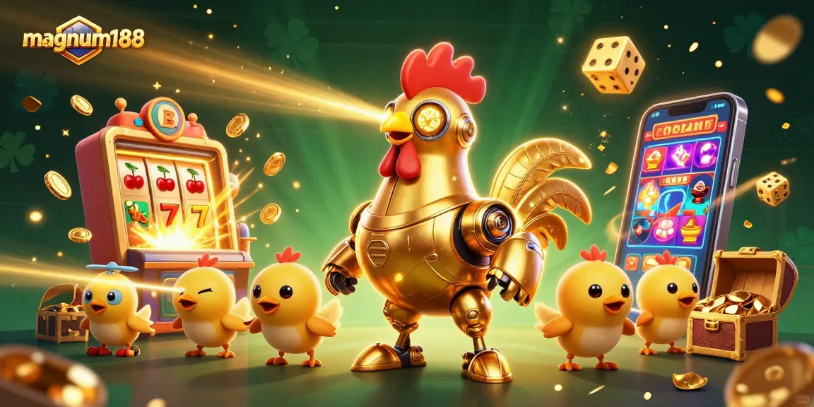 Experience thrilling gameplay at magnum188 with a dynamic 3D casino scene featuring a golden rooster robot.