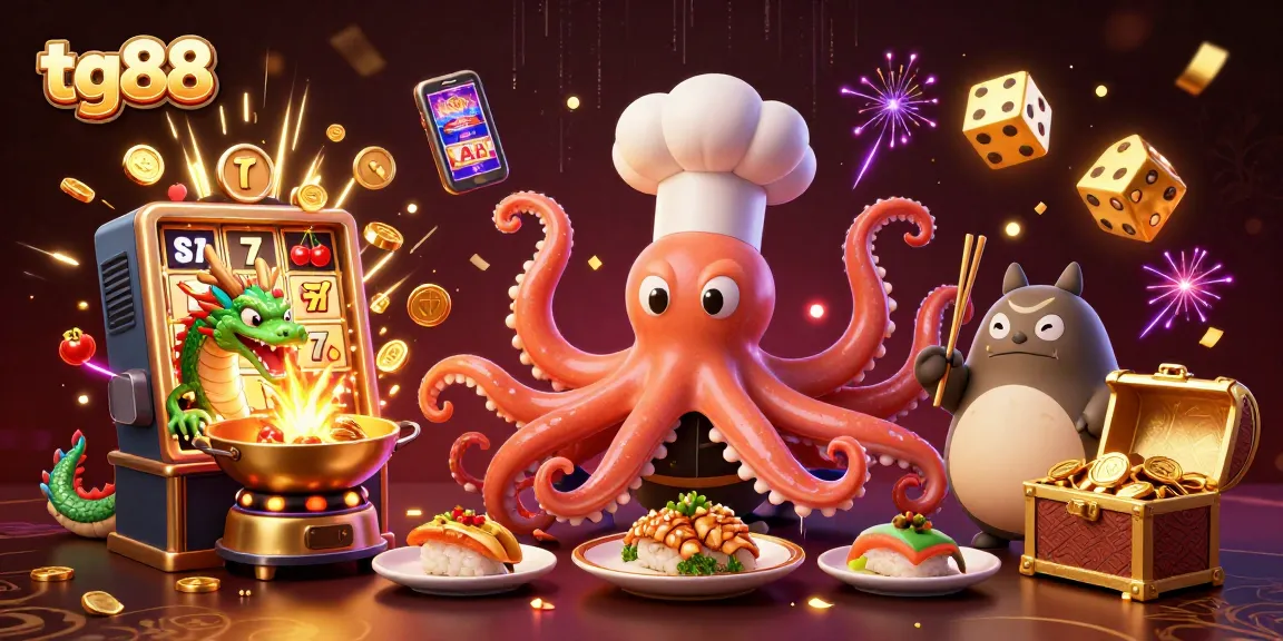 Spin and win at tg88 with a vibrant 3D illustration of a sushi chef octopus and dragon treating players to jackpot excitement.