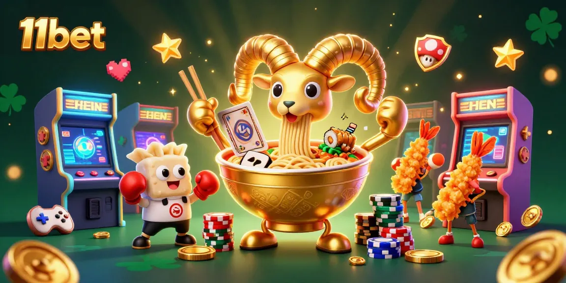 Experience 11bet's vibrant animated scene with a golden ramen bowl dealer at a lively casino.